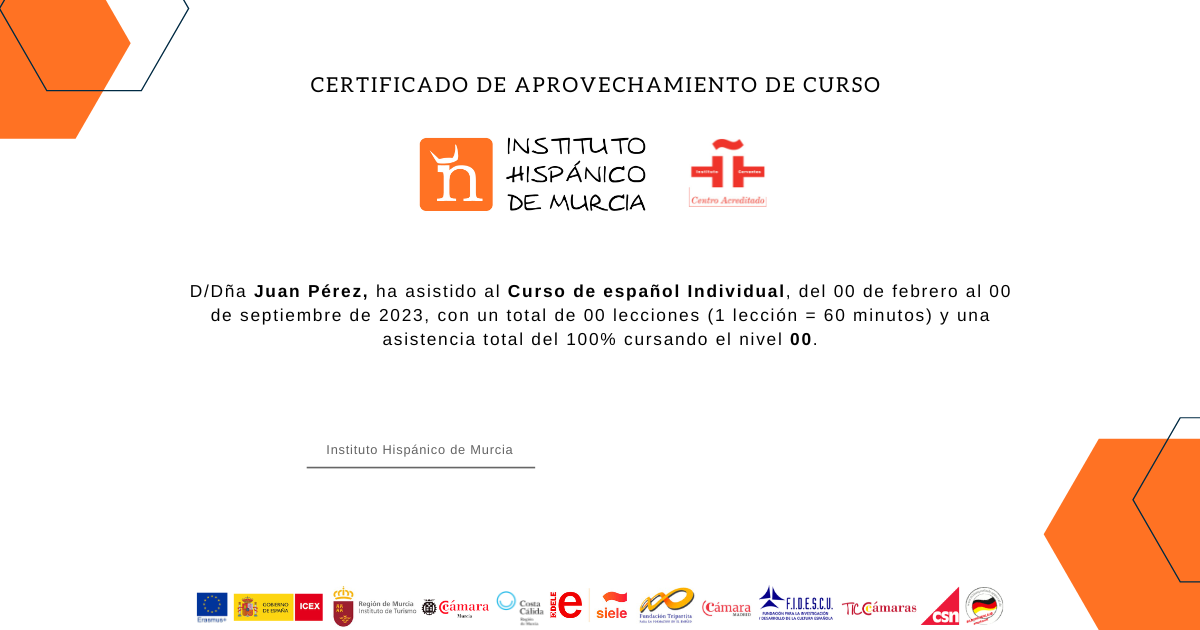 Certificate of course completion from the Instituto Hispánico de Murcia