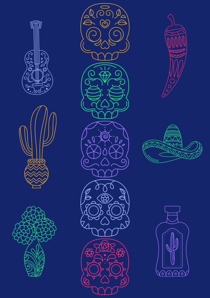 Яркое мексиканское воспоминание: Дни мертвых переплетают живых и усопших с алтарями, гастрономией, сахарными черепами и глубоким символизмом.